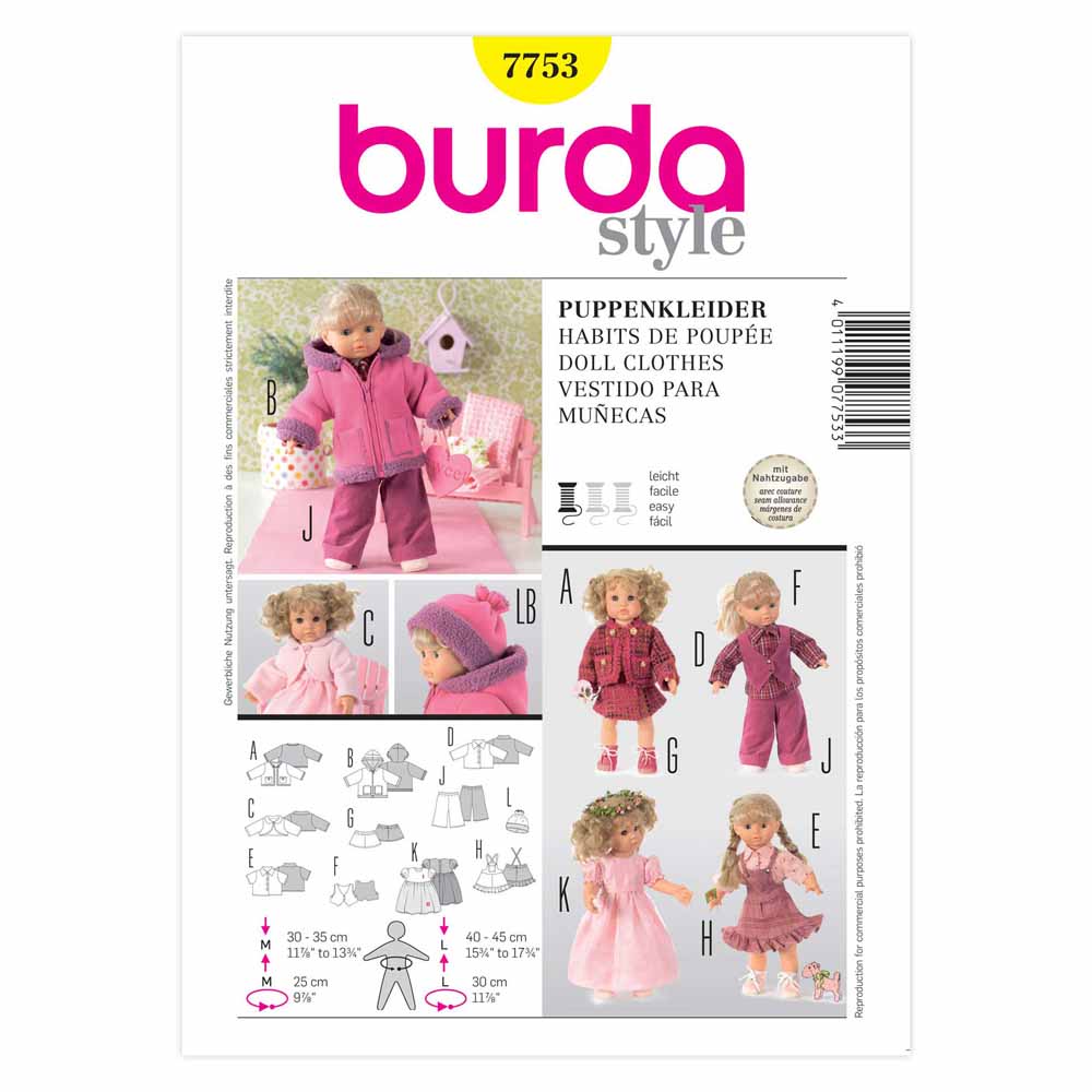 BURDA Doll Clothes Sewing Pattern 7753, 12–14 & 16–18 In Dolls