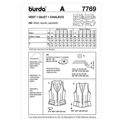 BURDA Fitted Vest Sewing Pattern 7769, Sizes 12–32