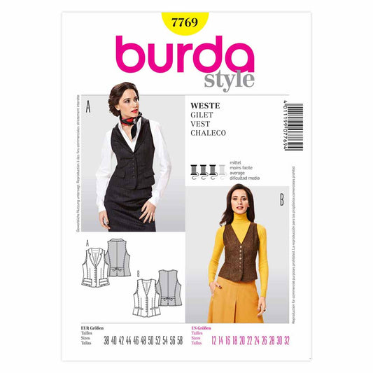 BURDA Fitted Vest Sewing Pattern 7769, Sizes 12–32
