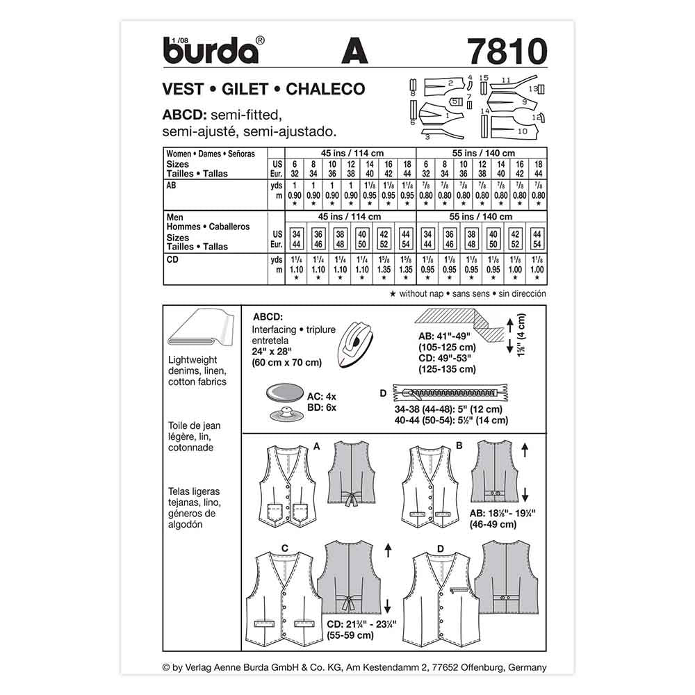 BURDA Unisex Vest Sewing Pattern 7810, Sizes 6–18 / 34–44