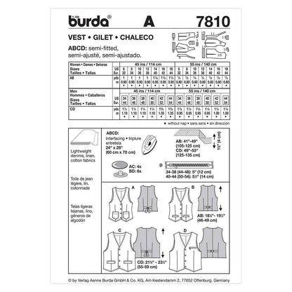 BURDA Unisex Vest Sewing Pattern 7810, Sizes 6–18 / 34–44