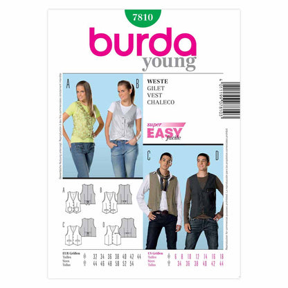 BURDA Unisex Vest Sewing Pattern 7810, Sizes 6–18 / 34–44