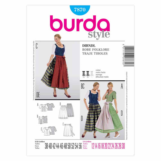 BURDA Dirndl Dress Sewing Pattern 7870, Sizes 12–28