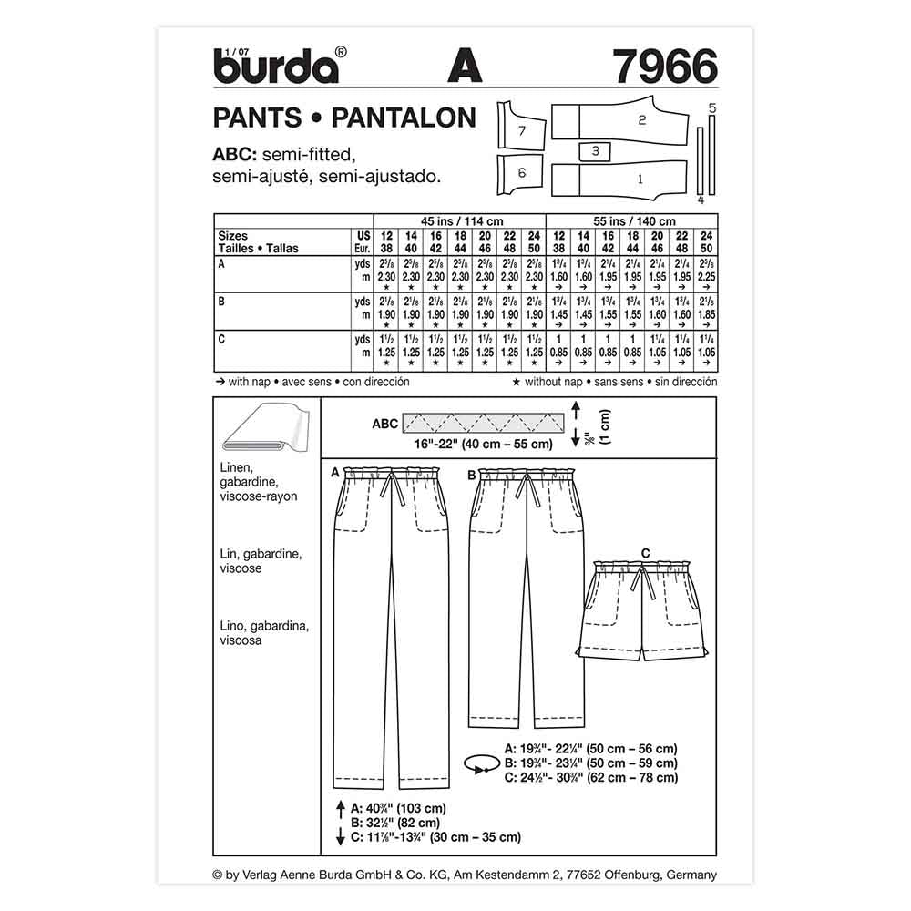 BURDA Pants Sewing Pattern 7966, 3 Lengths, Sizes 12–24