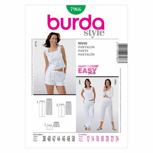 BURDA Pants Sewing Pattern 7966, 3 Lengths, Sizes 12–24