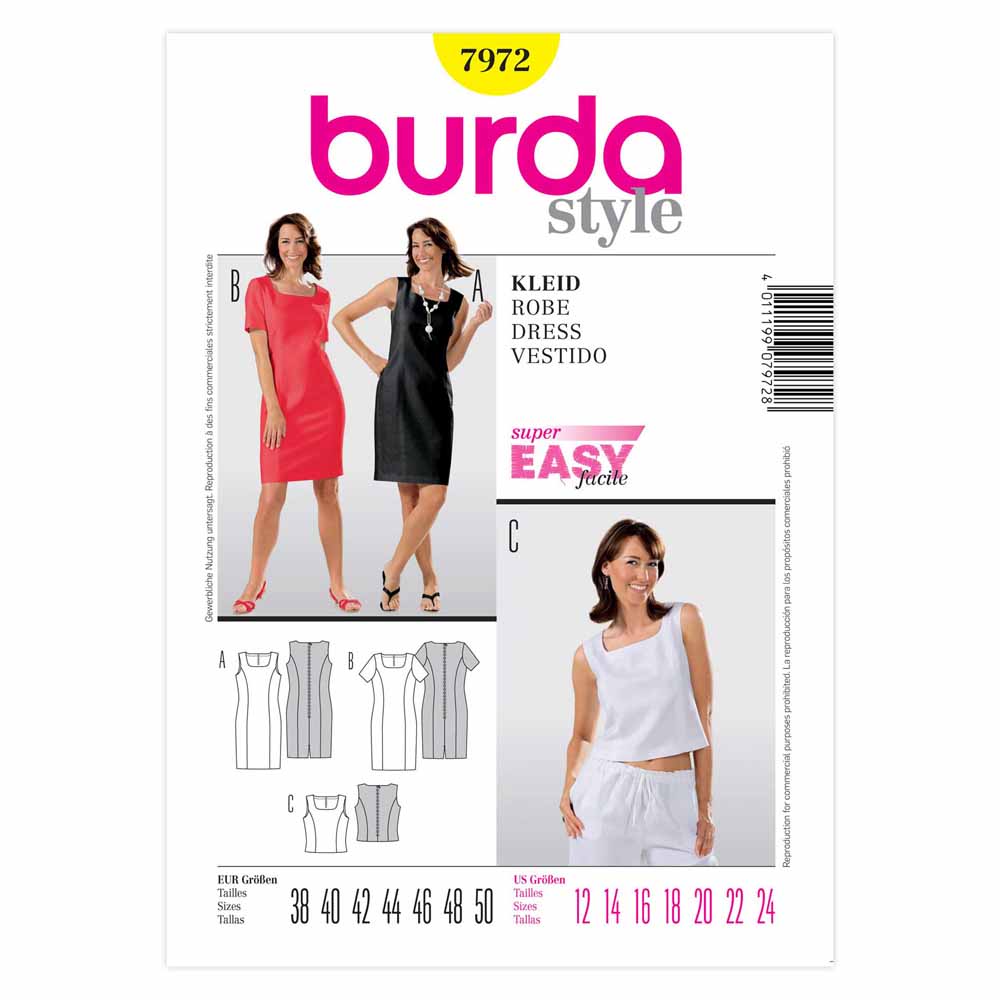BURDA Dress & Top Sewing Pattern 7972, Sizes 12–24
