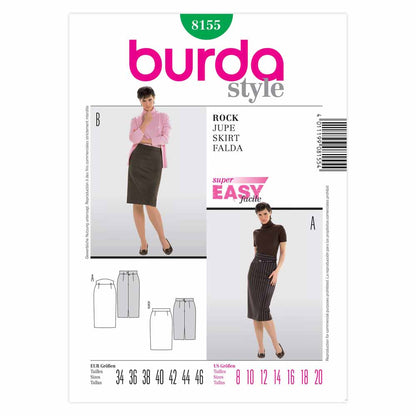 BURDA Pencil Skirt Sewing Pattern 8155, 2 Lengths, Sizes 8–20