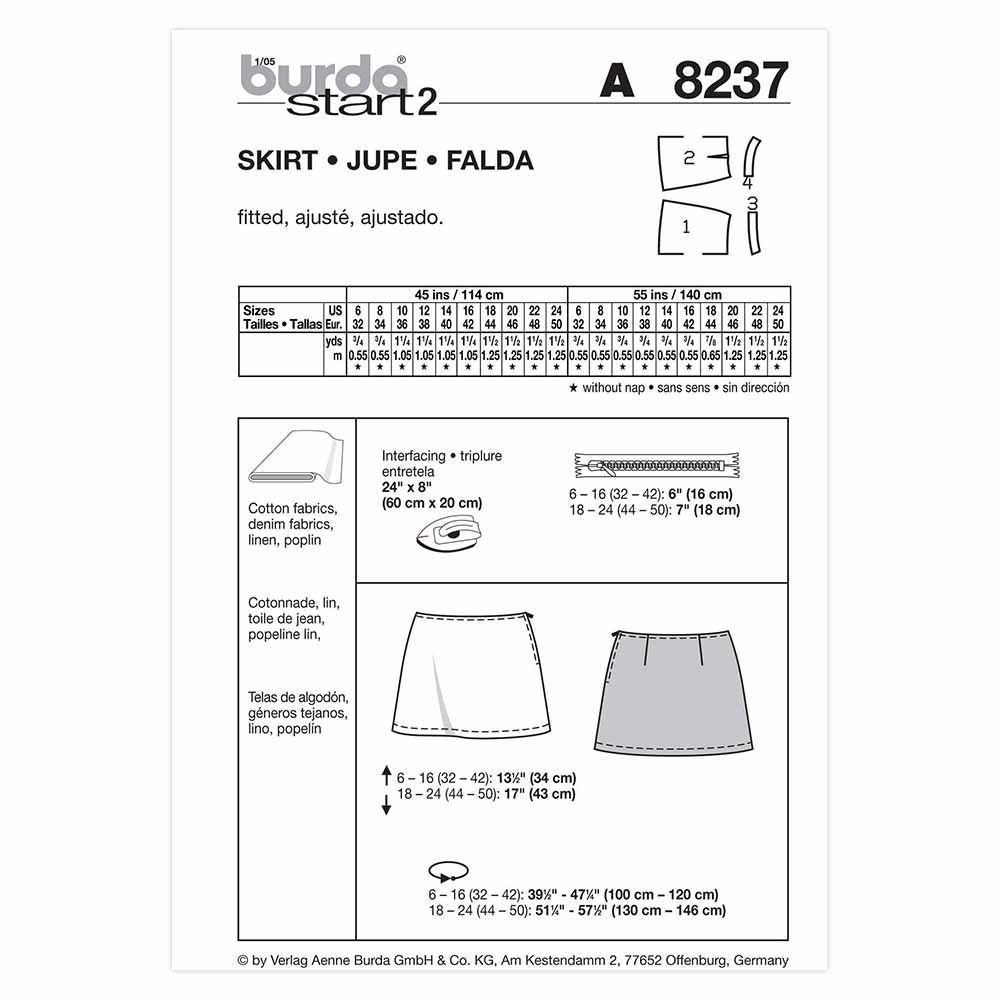 BURDA Flared Low-Rise Skirt Sewing Pattern 8237, Sizes 6–24