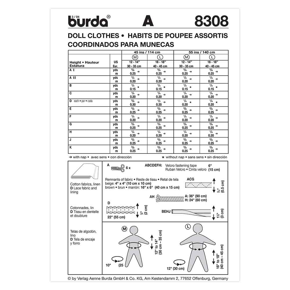 BURDA Doll Clothes Sewing Pattern 8308, 12–14 & 16–18 In Dolls