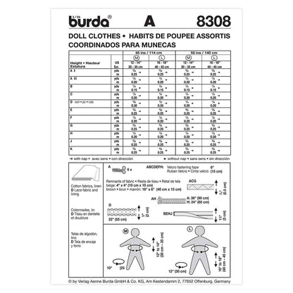 BURDA Doll Clothes Sewing Pattern 8308, 12–14 & 16–18 In Dolls
