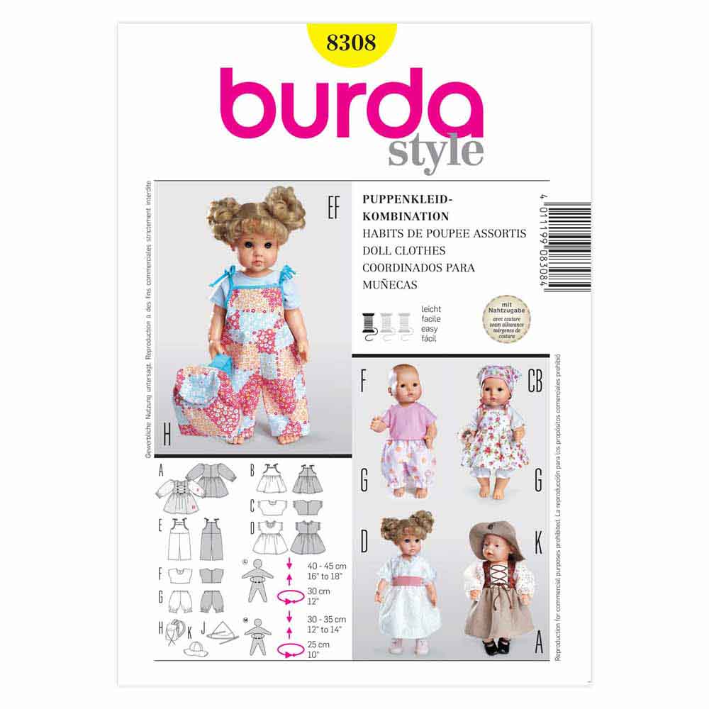 BURDA Doll Clothes Sewing Pattern 8308, 12–14 & 16–18 In Dolls