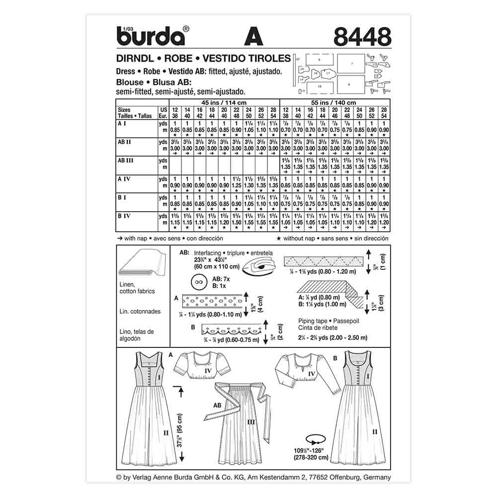 BURDA Sewing Pattern 8448 Dirndl Dress With Blouse & Apron