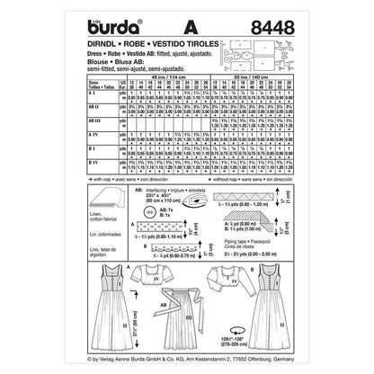 BURDA Sewing Pattern 8448 Dirndl Dress With Blouse & Apron