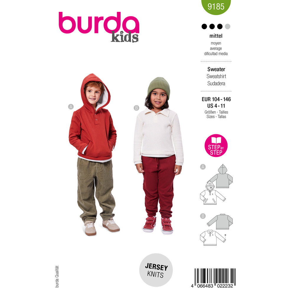 BURDA STYLE 9185 Children's Sweatshirts Sewing Pattern, Sizes 4-11