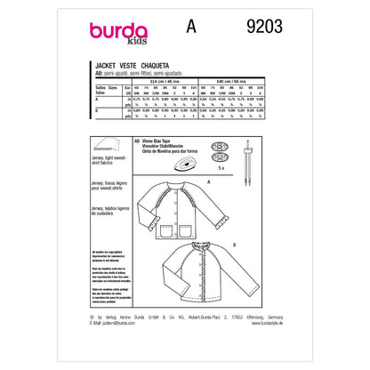 BURDA Sewing Pattern 9203 Children's Jackets (2 Styles)