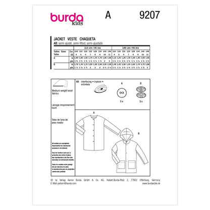 BURDA Sewing Pattern 9207 Children's Coats (2 Options)