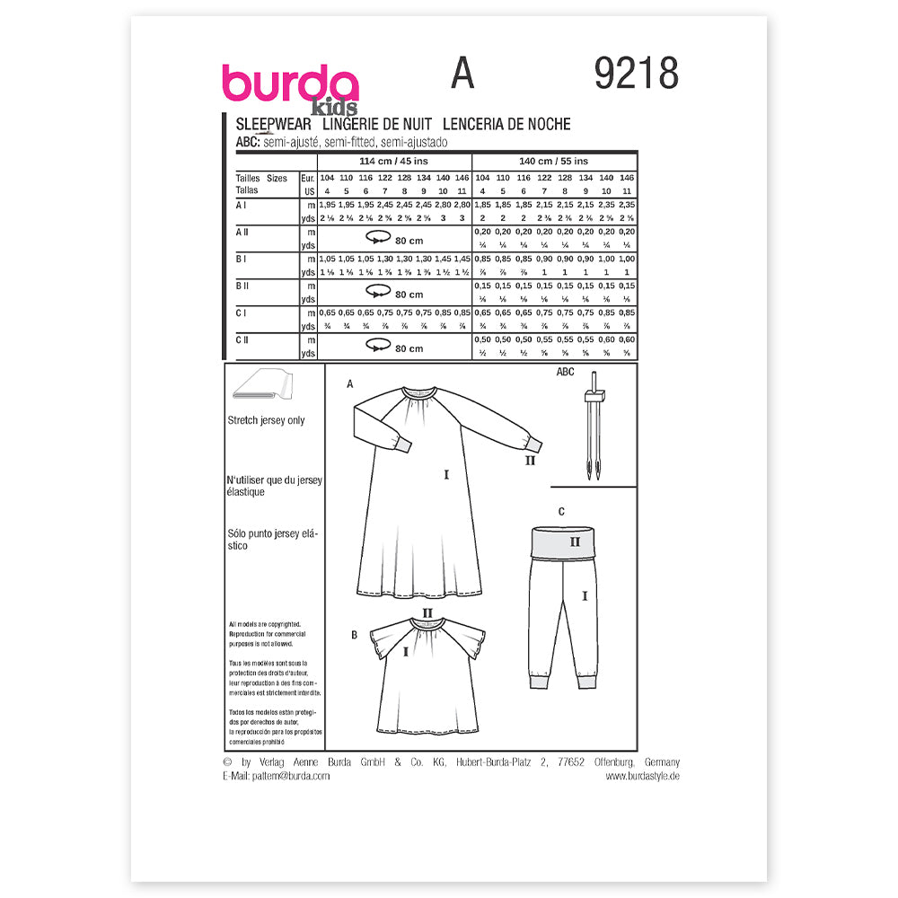 BURDA Sewing Pattern 9218 Children's Sleep Shirt, Leggings & Nightgown