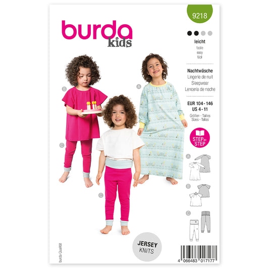 BURDA Sewing Pattern 9218 Children's Sleep Shirt, Leggings & Nightgown