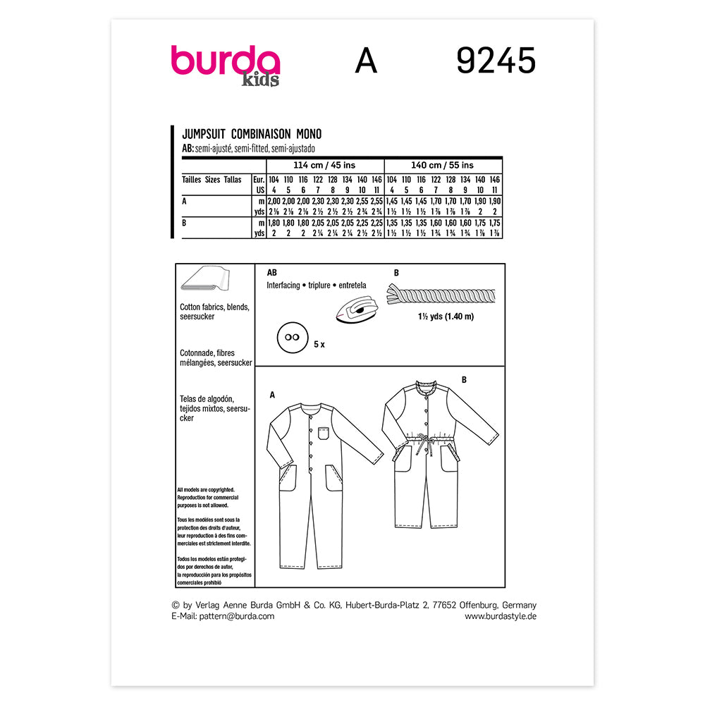 BURDA Sewing Pattern Pattern 9245 Child Jumpsuit