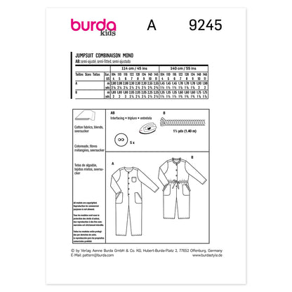 BURDA Sewing Pattern Pattern 9245 Child Jumpsuit