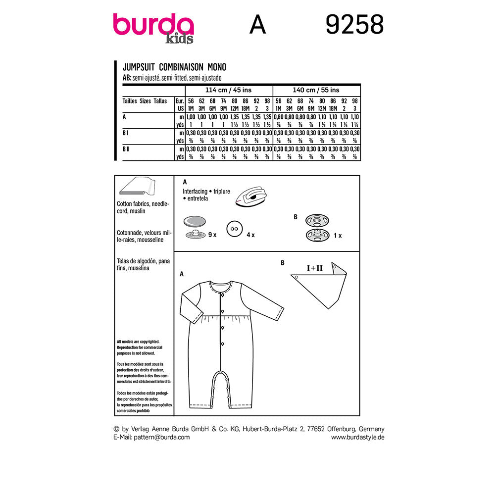 BURDA Sewing Pattern 9258 Baby Romper And Scarf Set