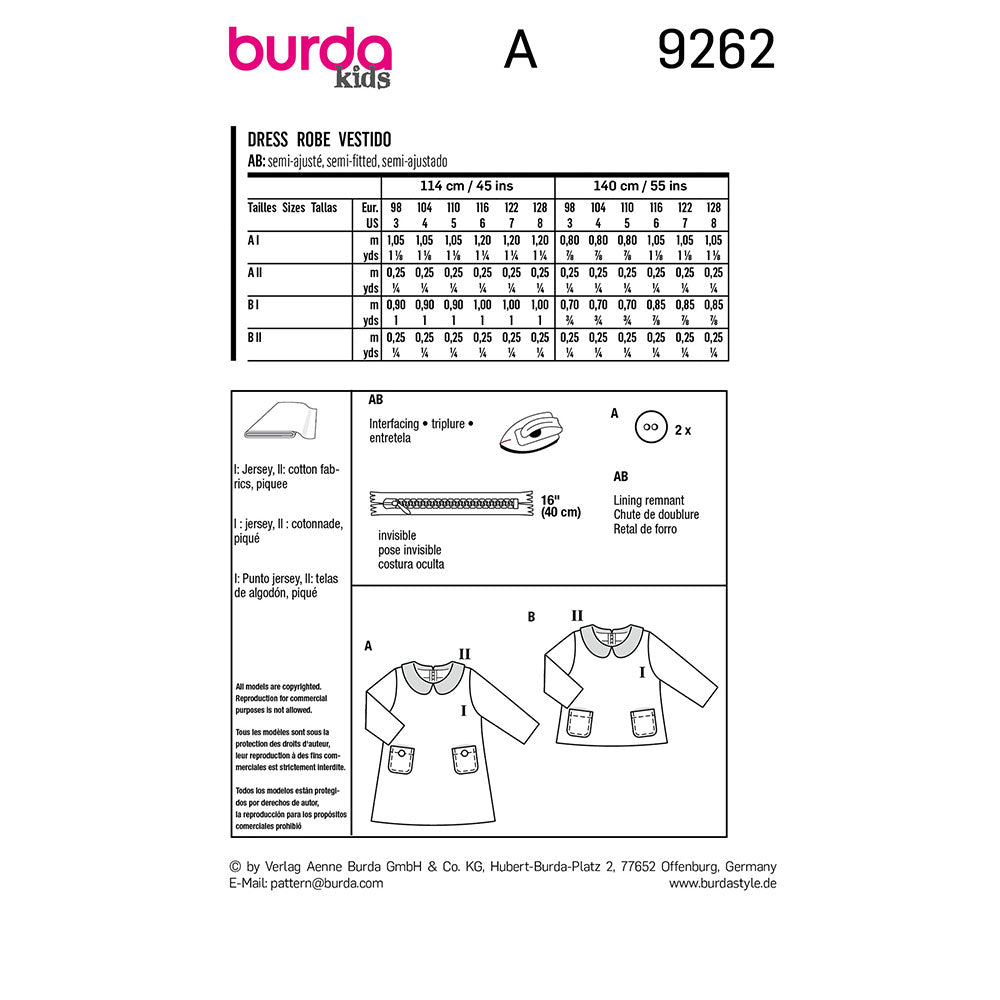 BURDA Sewing Pattern 9262 Kids Dress With Peter Pan Collar