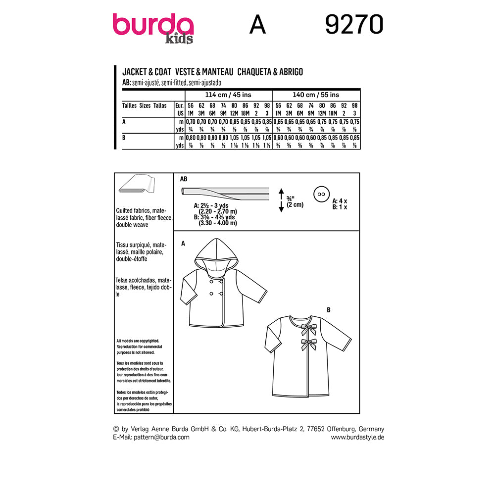 BURDA Sewing Pattern 9270 Toddler Hooded Jacket Or Coat