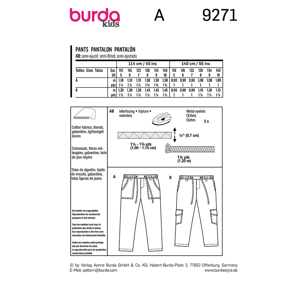 BURDA Sewing Pattern 9271 Kids Elastic Waist Cargo Pants