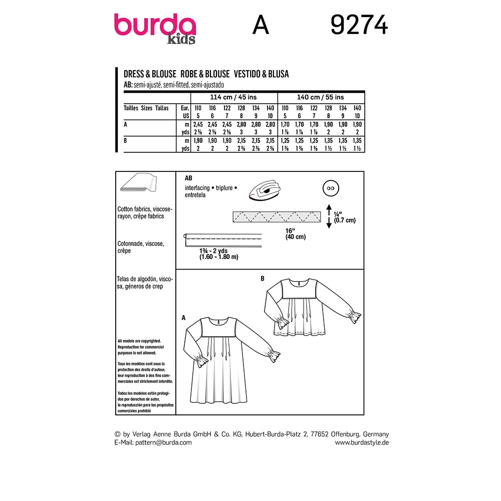 BURDA Sewing Pattern 9274 Dress Or Blouse With Yoke