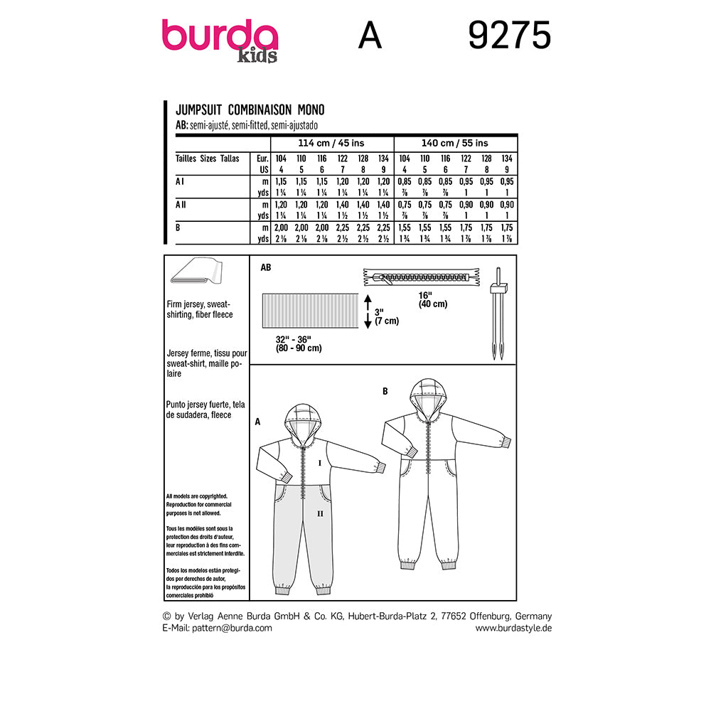 BURDA Sewing Pattern 9275 Hooded Jumpsuit With Front Zipper