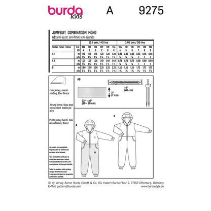 BURDA Sewing Pattern 9275 Hooded Jumpsuit With Front Zipper
