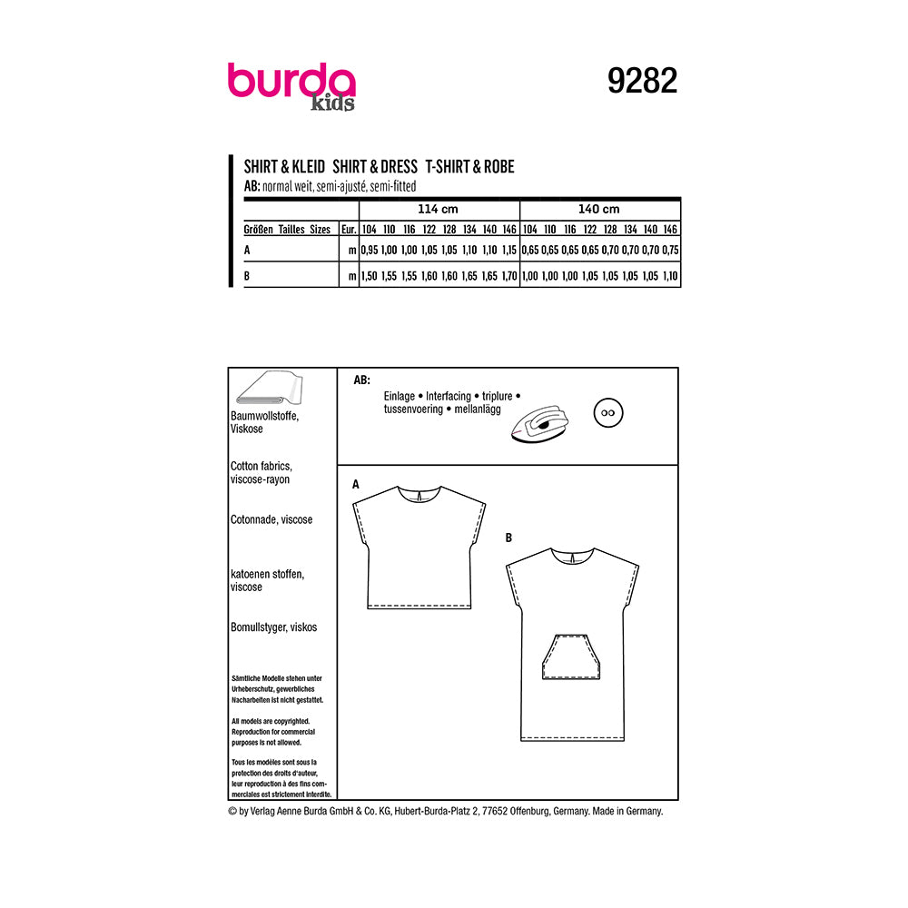 BURDA Sewing Pattern 9282 Easy Top Or Dress With Patch Pocket