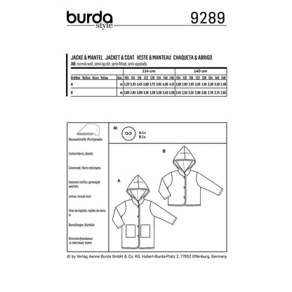 BURDA Sewing Pattern 9289 Kids Hooded Coat Or Jacket