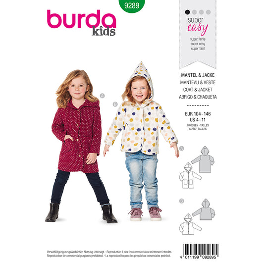 BURDA Sewing Pattern 9289 Kids Hooded Coat Or Jacket