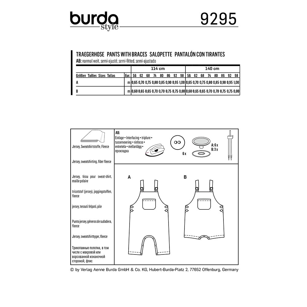 BURDA Sewing Pattern 9295 Baby Overalls With Button On Straps