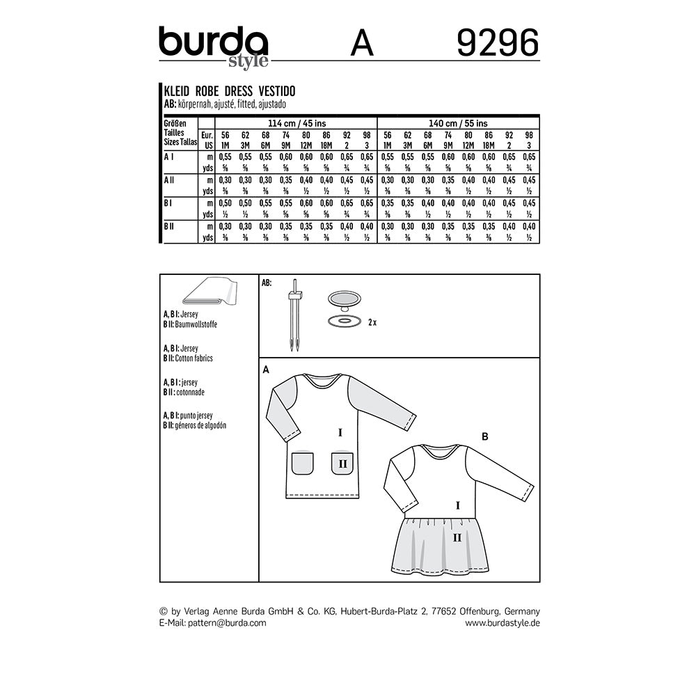BURDA Sewing Pattern 9296 Baby Shirtdress With Pockets