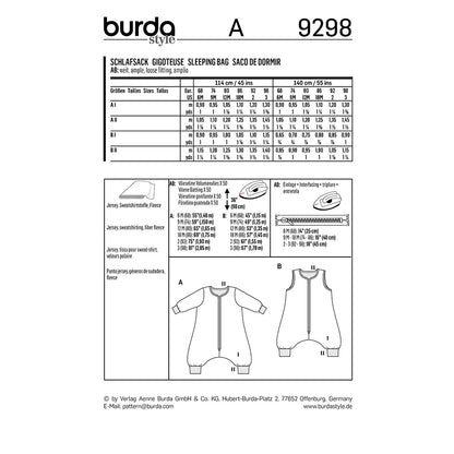 BURDA Sewing Pattern Pattern 9298 Sleeping Bag With Legs