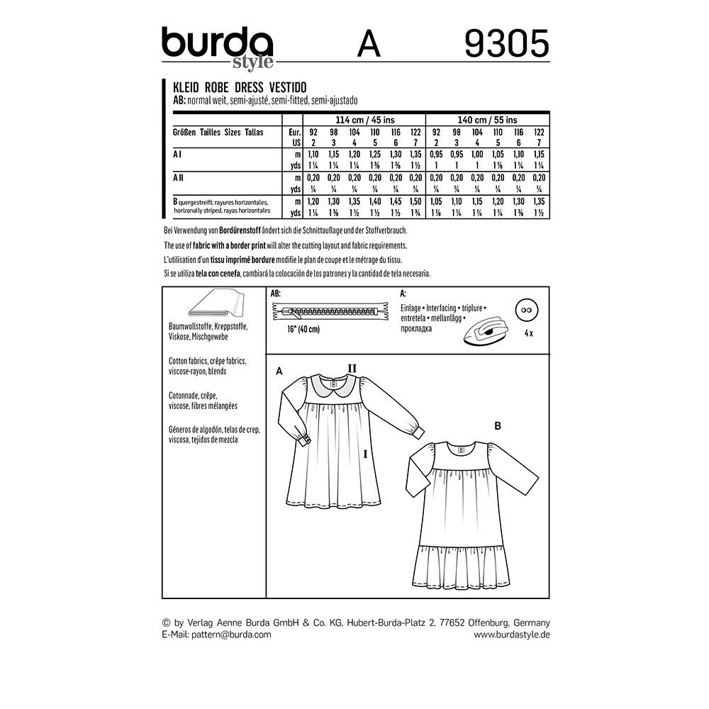 BURDA Sewing Pattern Pattern 9305 Dress With Yoke