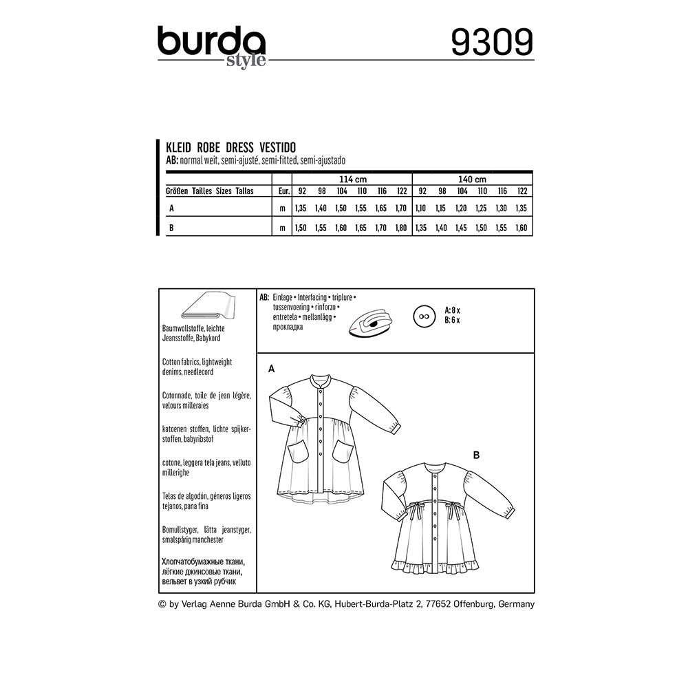 BURDA Sewing Pattern Pattern 9309 Dress With Button Fastening - Gathered Skirt