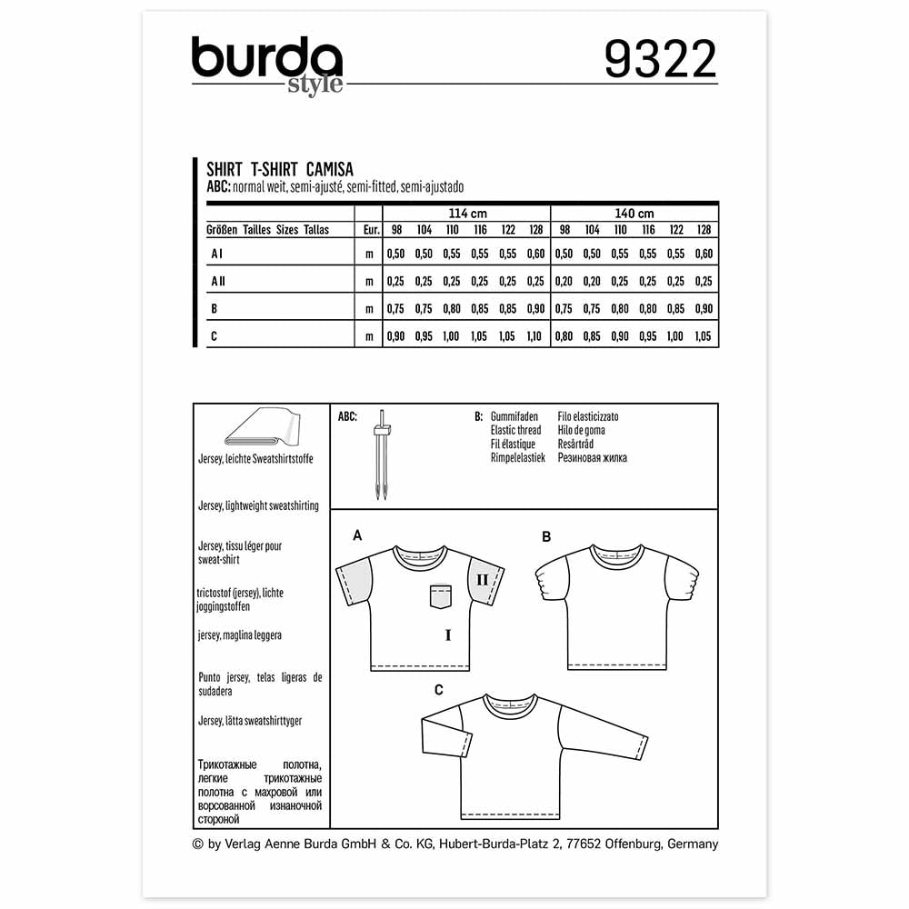 BURDA Sewing Pattern Pattern 9322 Top - Sleeve Variations