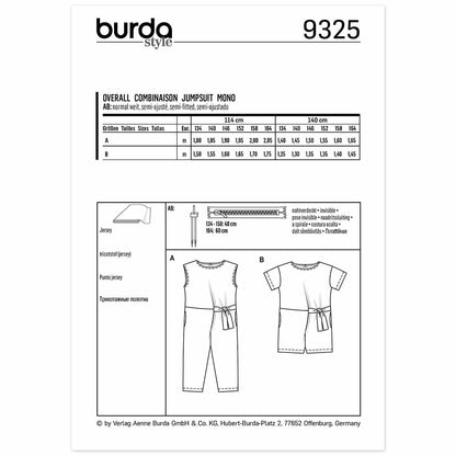 BURDA Sewing Pattern Pattern 9325 Overalls In Two Lengths