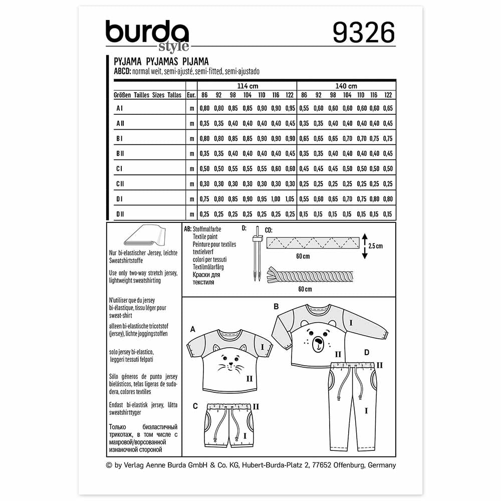 BURDA Sewing Pattern Pattern 9326 Pyjamas - Top - Elastic Waist Bottoms - Shorts