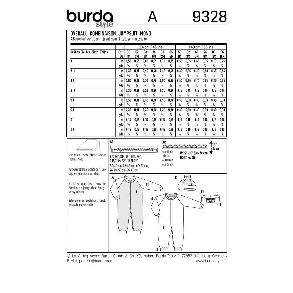 BURDA Sewing Pattern Pattern 9328 Baby Rompers- Hat - Headband