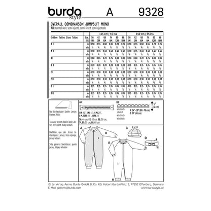 BURDA Sewing Pattern Pattern 9328 Baby Rompers- Hat - Headband