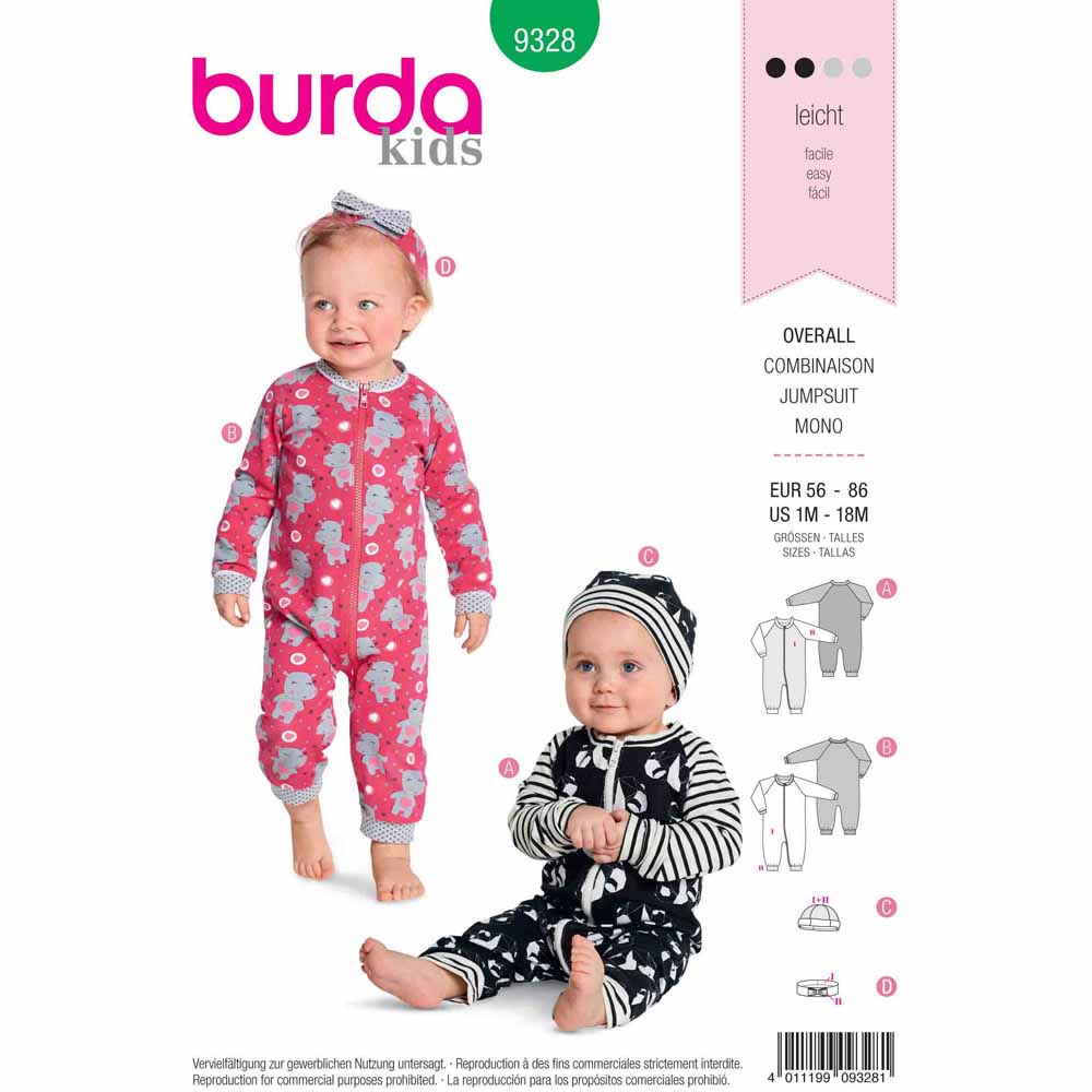 BURDA Sewing Pattern Pattern 9328 Baby Rompers- Hat - Headband