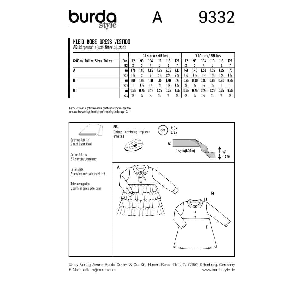 BURDA Sewing Pattern Pattern 9332 Empire Waist Dress With Frilled Skirt Or Flared Skirt