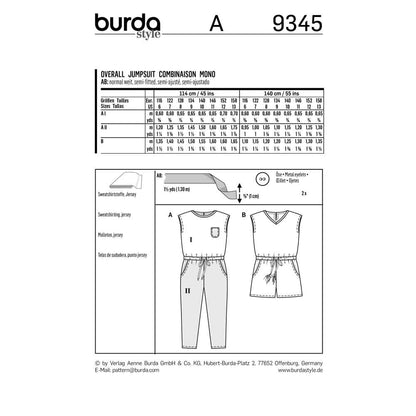 BURDA Sewing Pattern Pattern 9345 Jumpsuit - Drawstring Waist Casing - Pockets