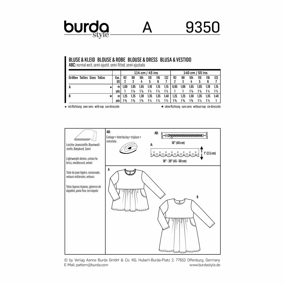 BURDA Sewing Pattern Pattern 9350 Child Girl Schoolage