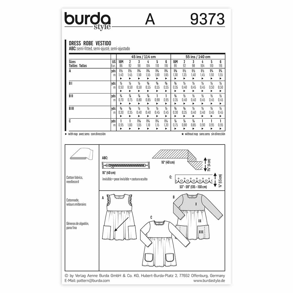 BURDA Sewing Pattern Pattern 9373 Child Dress