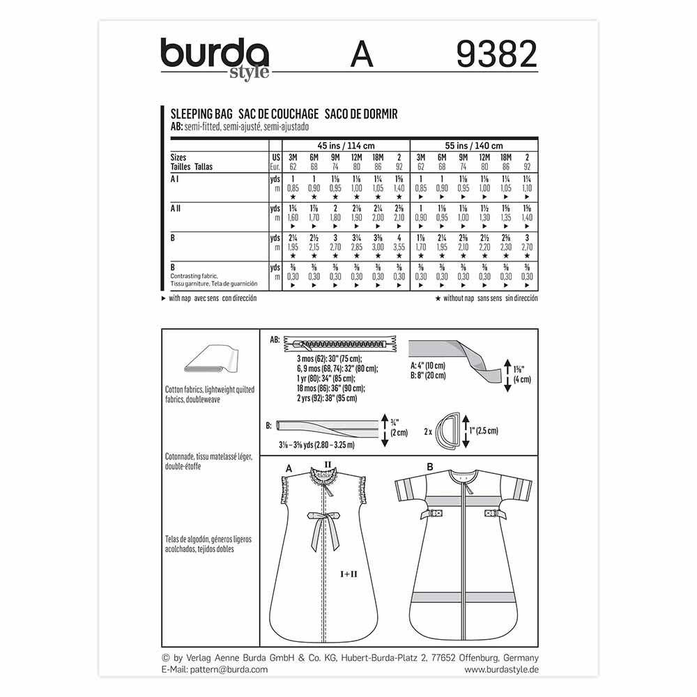 BURDA Sewing Pattern Pattern 9382 Child Sleeping Bag